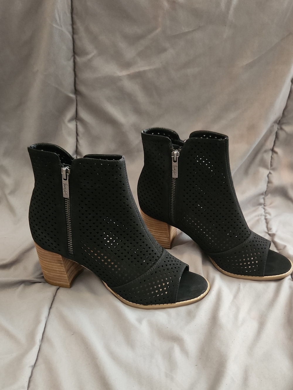 Black Perforated Peep-Toe Ankle Booties with Stacked Heel